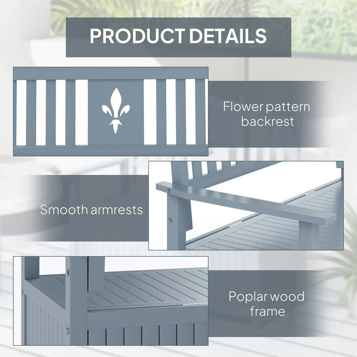 Garden Storage Bench | Grey Poplar Wood Two-Seater with 164L Storage Compartment - Little and Giant Explorers Outsunny