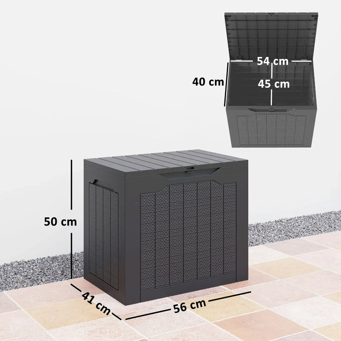 Black outdoor waterproof garden storage box with handles on patio, dimensions labeled