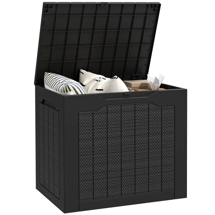 Black waterproof outdoor garden storage box with lid open, containing cushions and small boxes