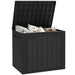 Black waterproof outdoor garden storage box with lid open, containing cushions and small boxes