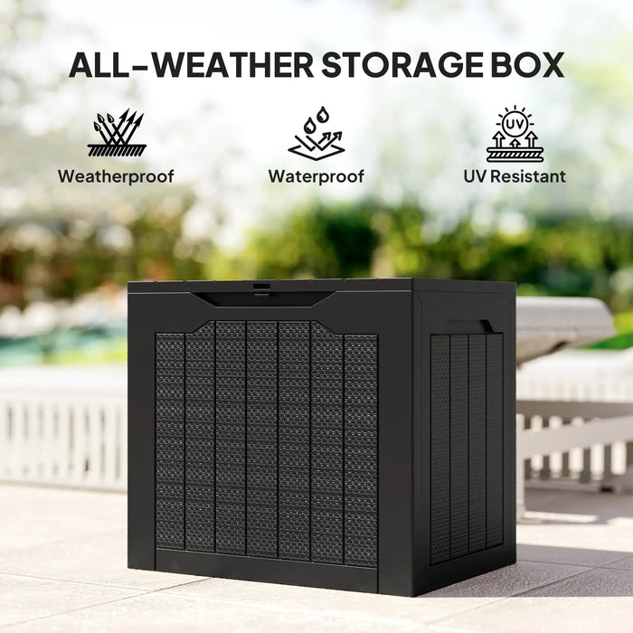 Black all-weather outdoor storage box with woven texture, weatherproof, waterproof, UV resistant