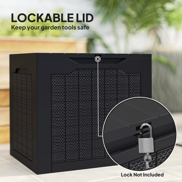 Black waterproof outdoor garden storage box with lockable lid, textured design, and handles