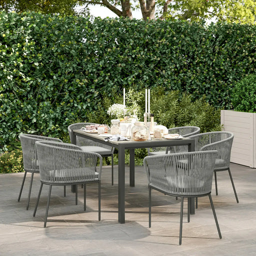 6 Seater Rattan Dining Set with Acacia Wood Top Rectangle Table - Little and Giant Explorers Outsunny