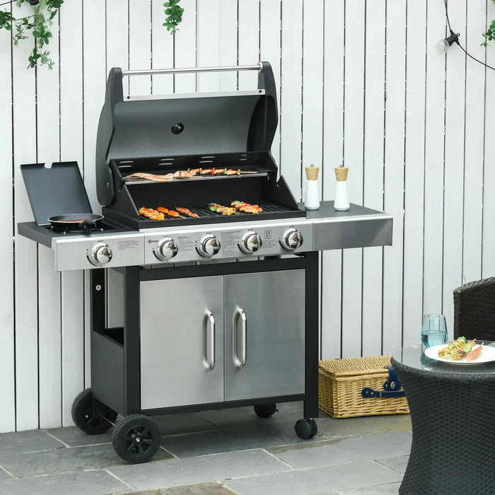 Gas Barbecue Grill 4+1 Burner with Side Burner Warming Rack - Little and Giant Explorers Outsunny