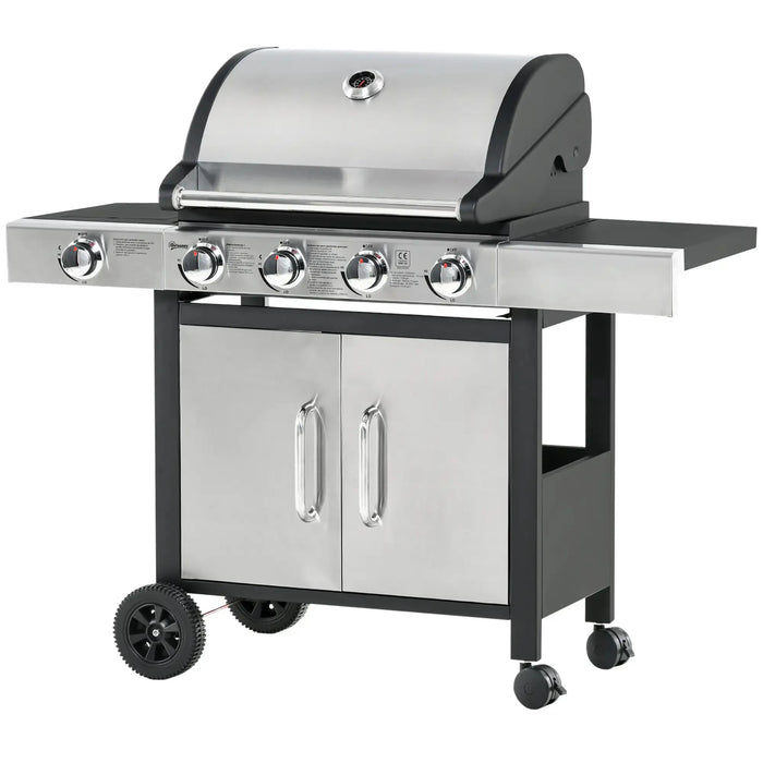 Gas Barbecue Grill 4+1 Burner with Side Burner Warming Rack - Little and Giant Explorers Outsunny