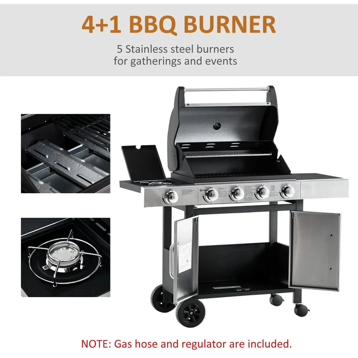 Gas Barbecue Grill 4+1 Burner with Side Burner Warming Rack - Little and Giant Explorers Outsunny