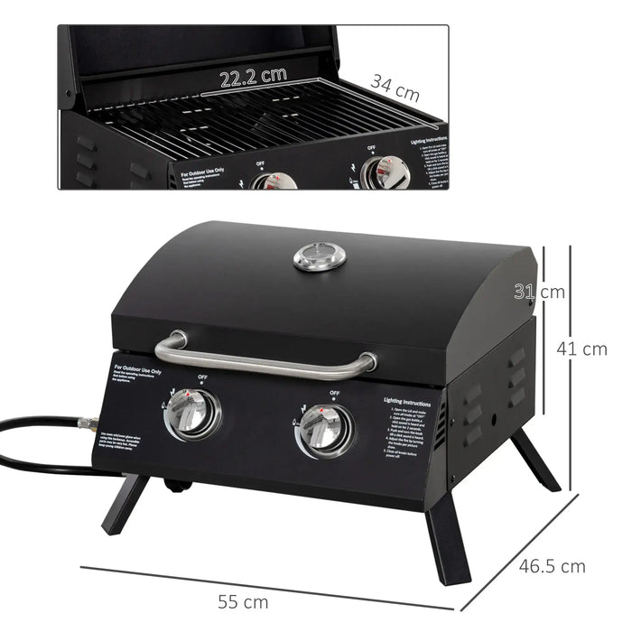 Gas Barbecue Black | Compact with Two Adjustable Burners - Little and Giant Explorers Outsunny