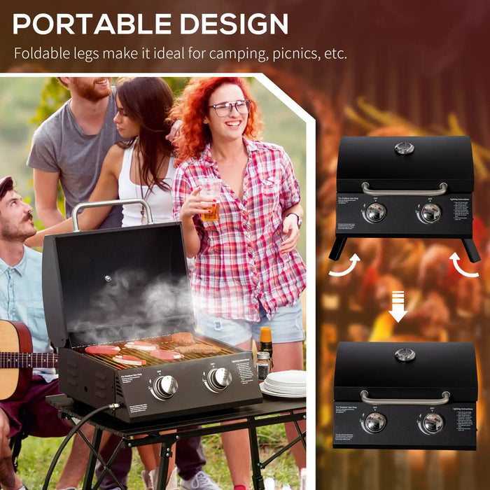 Gas Barbecue Black | Compact with Two Adjustable Burners - Little and Giant Explorers Outsunny
