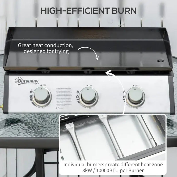 Gas Plancha Grill – 3 x 10000 BTU Burners | Portable BBQ with Enamel-Coated Hotplate OUTSUNNY - Little and Giant Explorers Outsunny