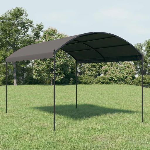 Anthracite black steel gazebo with arched polyester roof on grass lawn outdoors