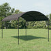 Anthracite black steel gazebo with arched polyester roof on grass lawn outdoors