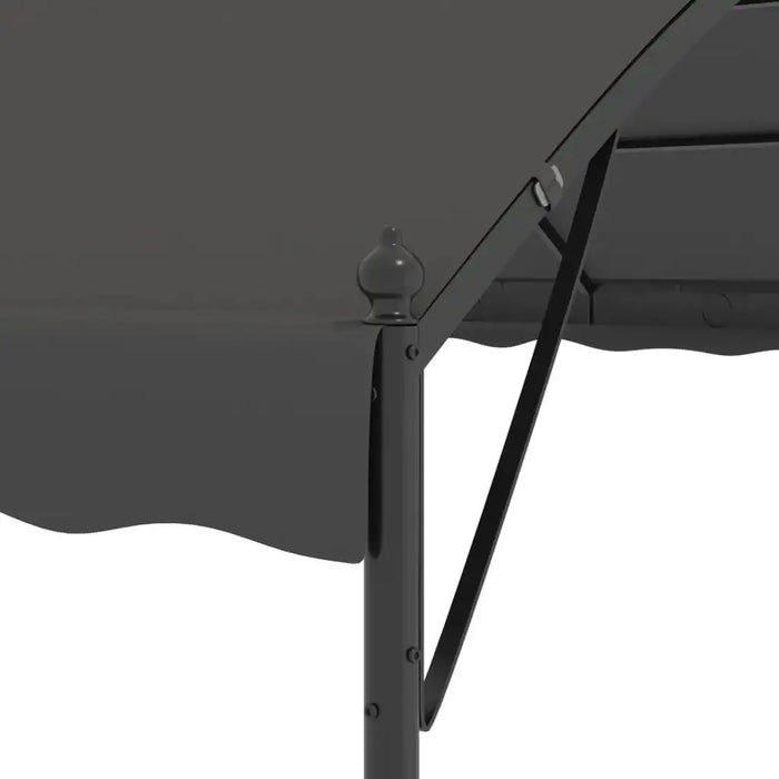 Close-up of anthracite black steel outdoor gazebo corner with polyester canopy