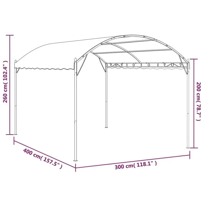 Gazebo with arched roof, steel frame, polyester cover, 3x4x2.6m, with clear size dimensions.