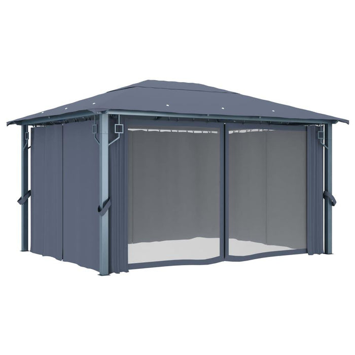 Gazebo with Curtain & LED String Lights in Anthracite (4 x 3m) - Little and Giant Explorers vidaXL