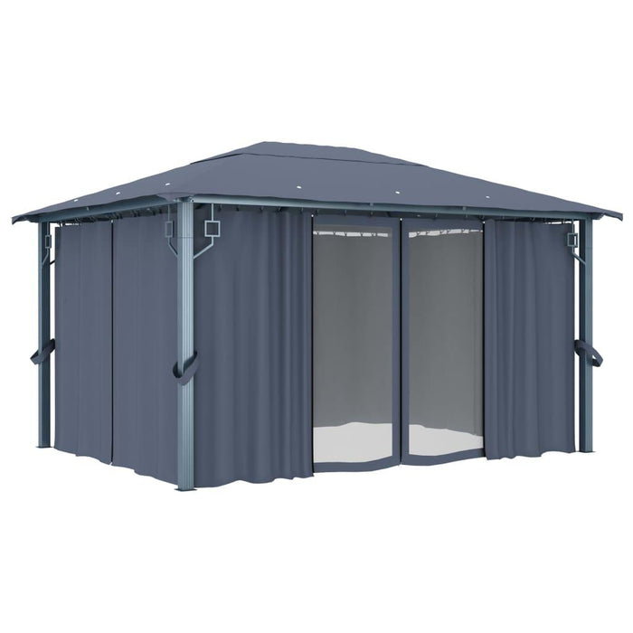 Gazebo with Curtain & LED String Lights in Anthracite (4 x 3m) - Little and Giant Explorers vidaXL