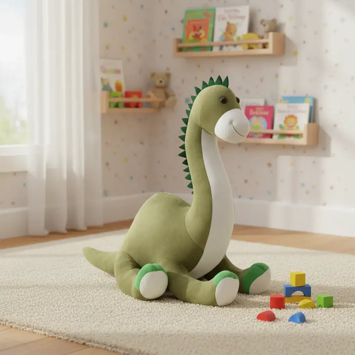 Green dinosaur plush toy in a plush playroom