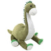 Plush dinosaur toy with green body, white belly, and green spikes on a white background