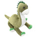 Plush dinosaur toy with green body, white belly, and black eyes on a white background