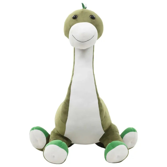 Plush dinosaur toy with green body and white belly on a white background