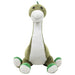 Plush dinosaur toy with green body and white belly on a white background