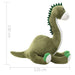 Green dinosaur plush toy with measurements on a white background