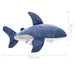 Blue shark plush toy with measurements on a white background