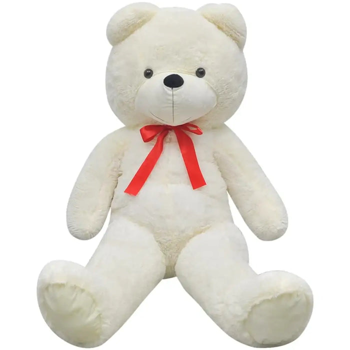 White teddy bear with a red bow on a white background
