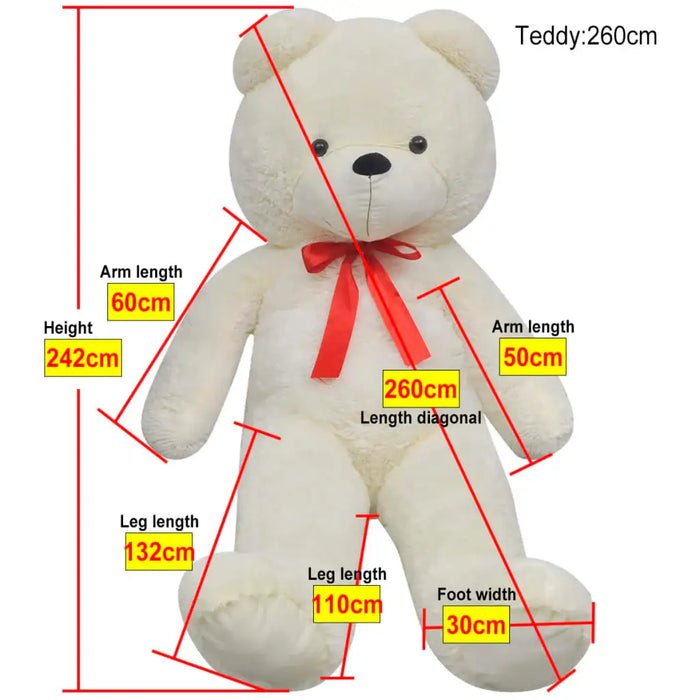 Measurement chart of a teddy bear with labeled dimensions on a white background