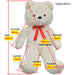 Measurement chart of a teddy bear with labeled dimensions on a white background