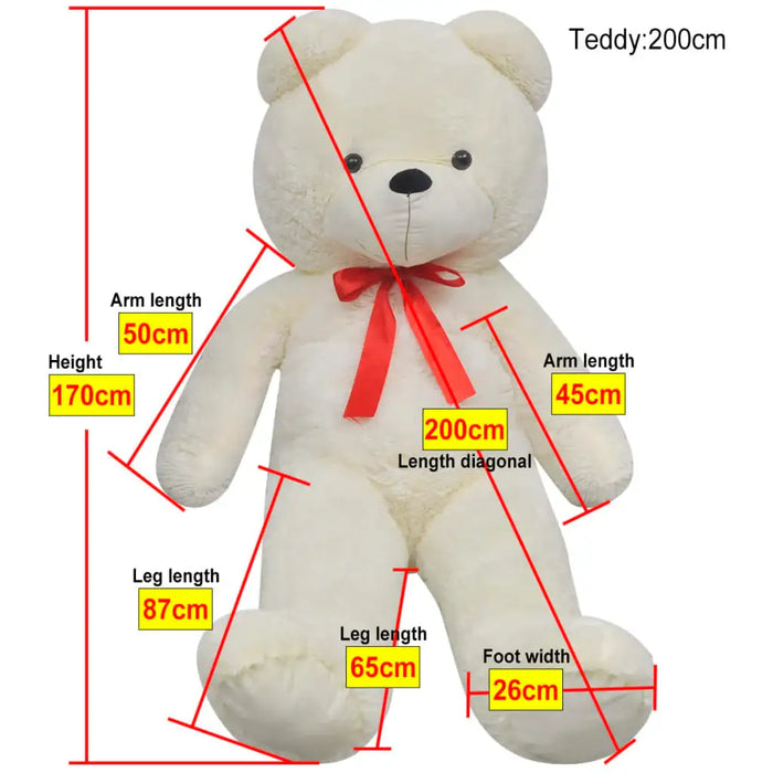 Measurement chart of a large teddy bear with labeled dimensions on a white background