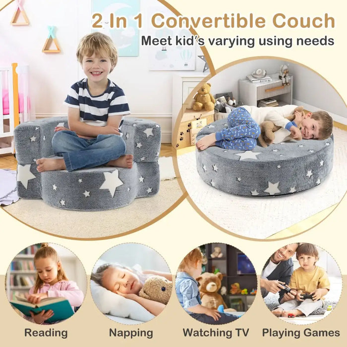 Glow in the Dark Kids 2-in-1 Convertible Sofa - Grey Star Design | Toddler Couch COSTWAY - Little and Giant Explorers