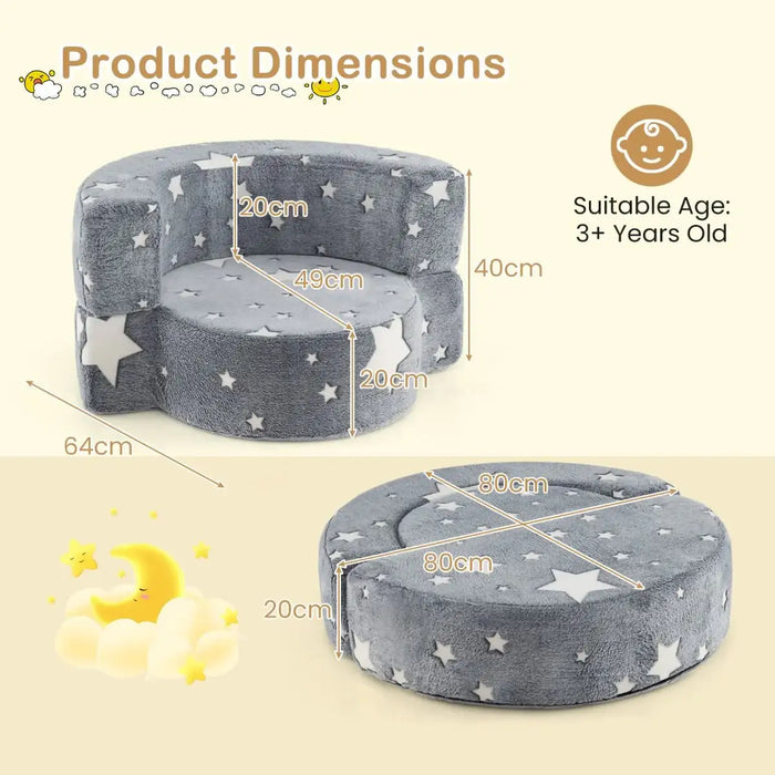 Glow in the Dark Kids 2-in-1 Convertible Sofa - Grey Star Design | Toddler Couch COSTWAY - Little and Giant Explorers