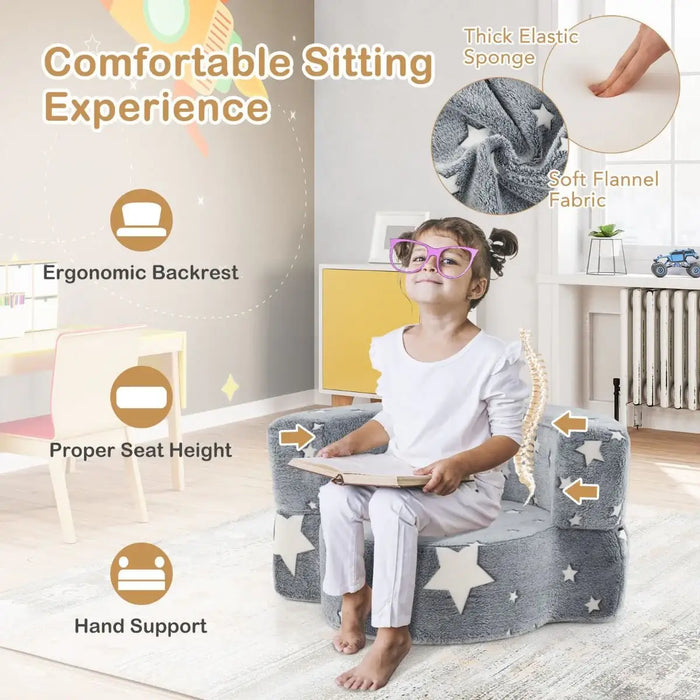 Glow in the Dark Kids 2-in-1 Convertible Sofa - Grey Star Design | Toddler Couch COSTWAY - Little and Giant Explorers