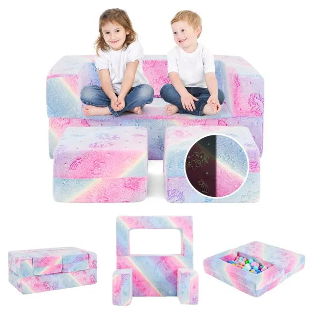 Glow-in-the-Dark Modular Kids Play Couch in Pink and Grey - Little and Giant Explorers Costway