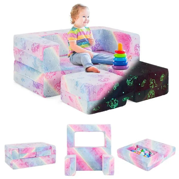 Glow-in-the-Dark Modular Kids Play Couch in Pink and Grey - Little and Giant Explorers Costway