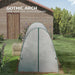 Gothic arch greenhouse with text 'Faster water flow, no standing water' in a garden setting.