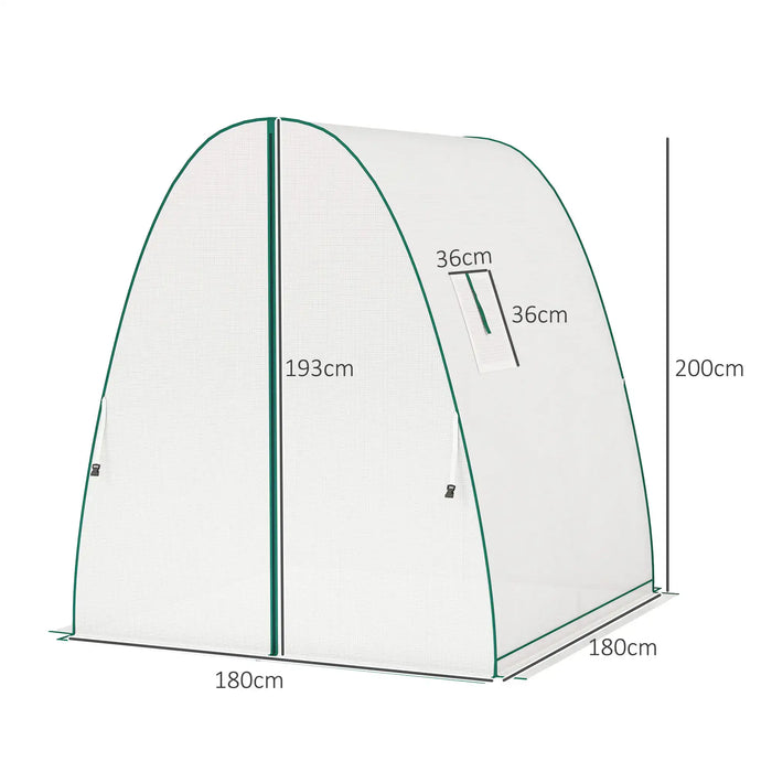 Measurement chart of a green and white tent with dimensions labeled.