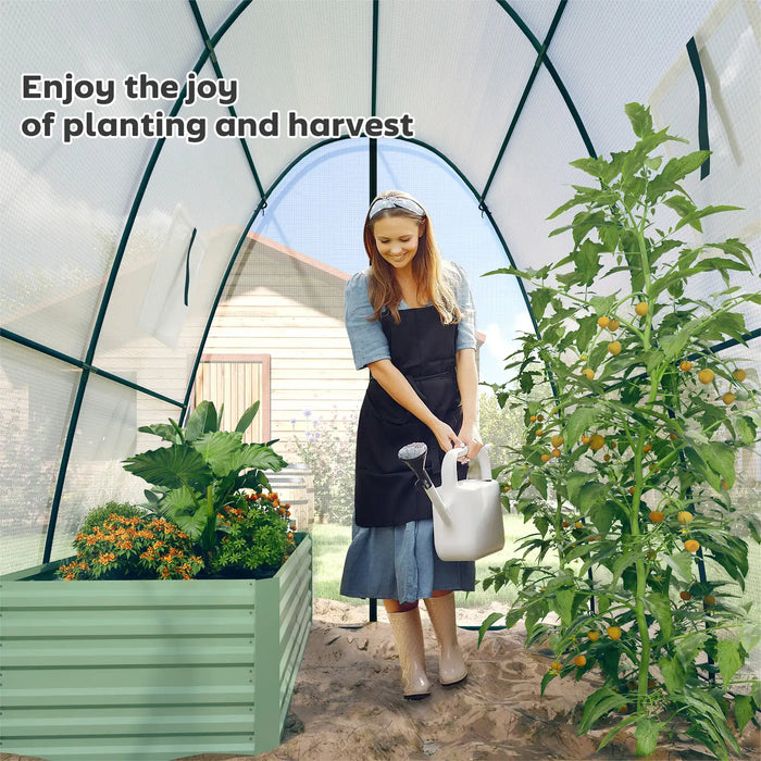 Woman watering plants inside a greenhouse with text 'Enjoy the joy of planting and harvest'.