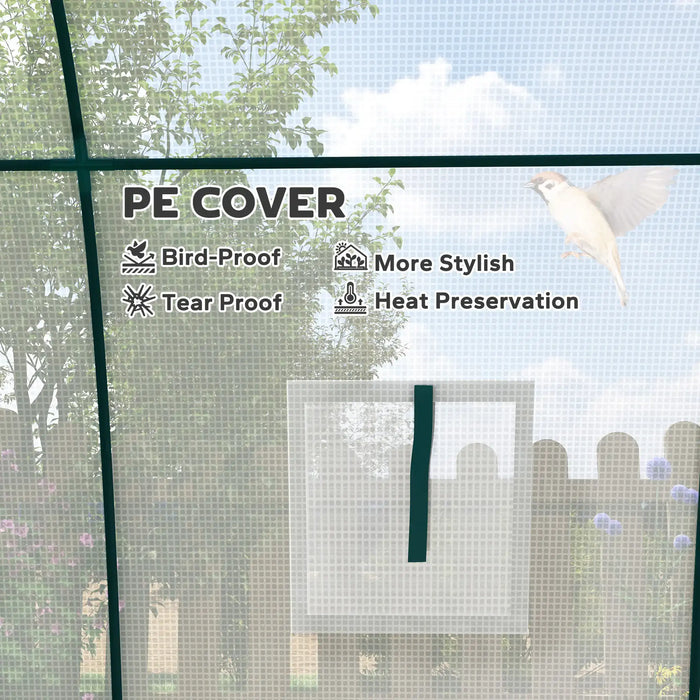 PE cover with bird-proof, tear-proof, and heat preservation features displayed on a screen.