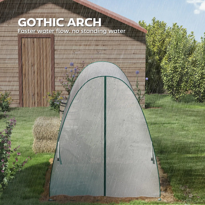 Gothic arch greenhouse with text 'Faster water flow, no standing water' in front of a wooden shed.