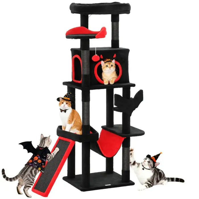 Gothic Cat Tree – Multi-Level Halloween Cat Tower | Coffin Bed and Hammock PAWHUT - Little and Giant Explorers PawHut
