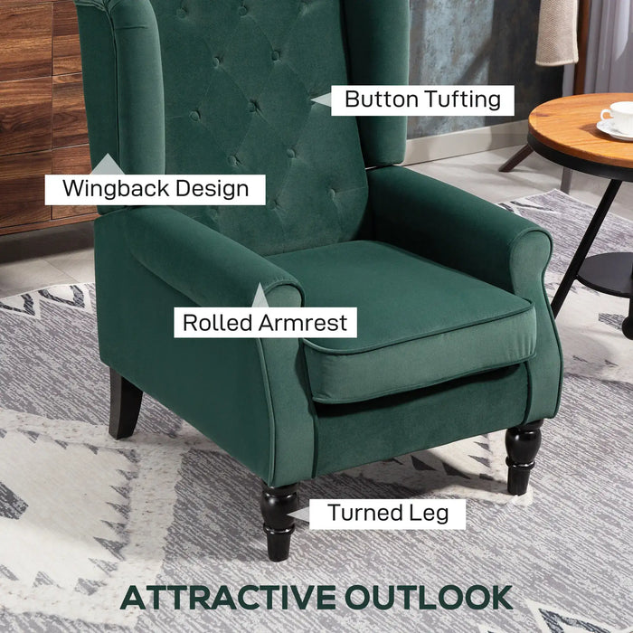 Green Velvet Wingback Chair | Retro Vintage Design - Pocket Spring Comfort HOMCOM - Little and Giant Explorers