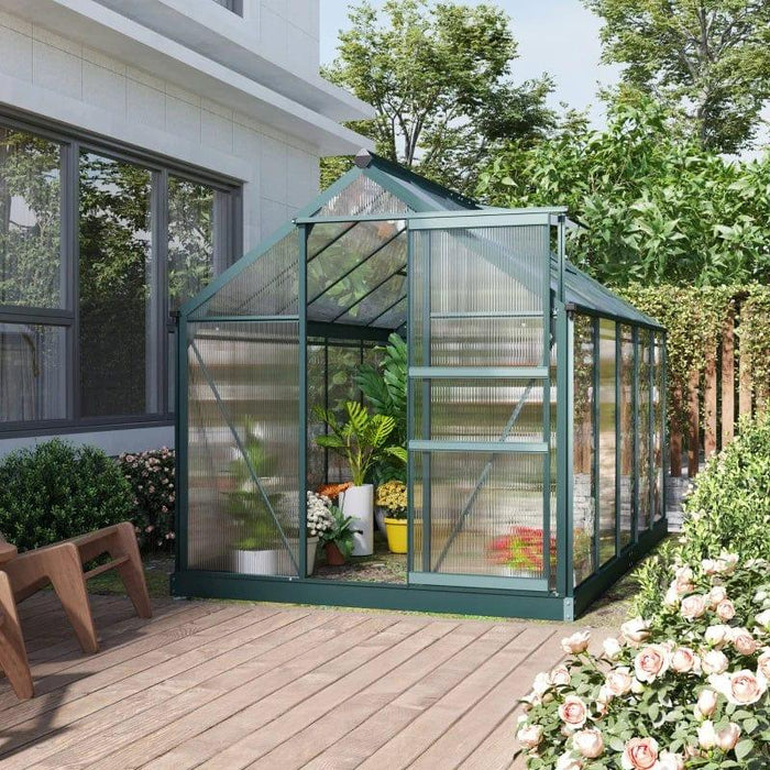 6 x 10ft Greenhouse with Slide Door, Window, Aluminium Frame and Foundation in Dark Green - Little and Giant Explorers Outsunny