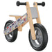 Grey and black kids balance bike with lightweight plywood frame and colorful printed side panel