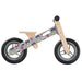 Grey and black balance bike with adjustable seat, handlebar, lightweight plywood frame, hot air balloon and car print.