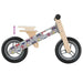 Grey and black balance bike with adjustable seat, plywood frame, kids vehicle print, two wheels