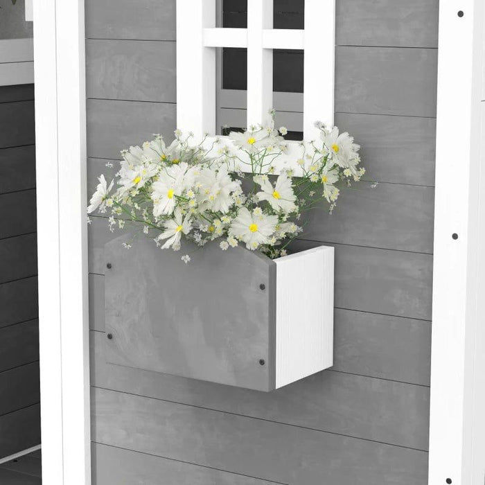 Grey Wooden Playhouse with Door, Windows, Plant Box and Floor - Little and Giant Explorers Outsunny