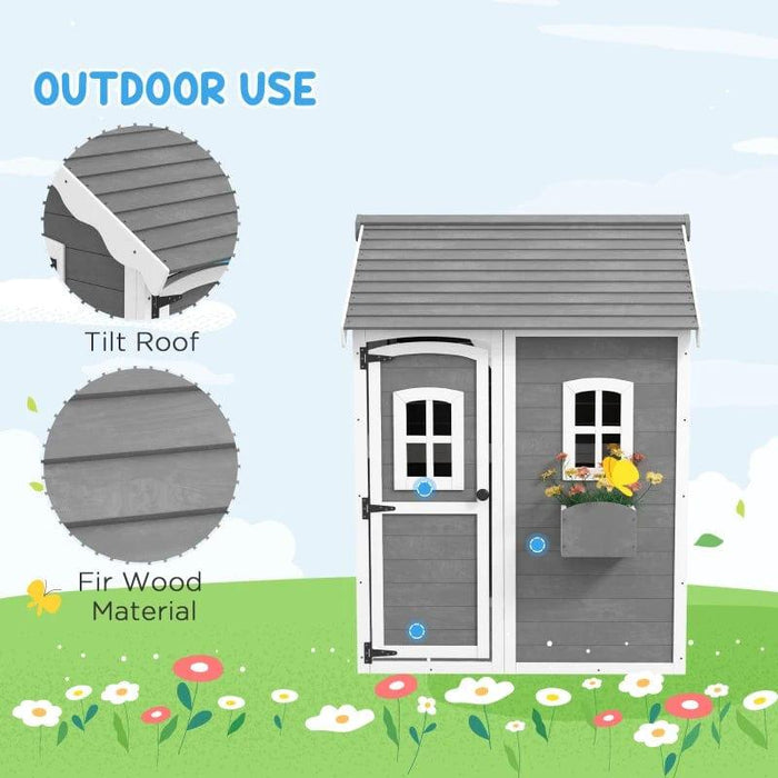 Grey Wooden Playhouse with Door, Windows, Plant Box and Floor - Little and Giant Explorers Outsunny