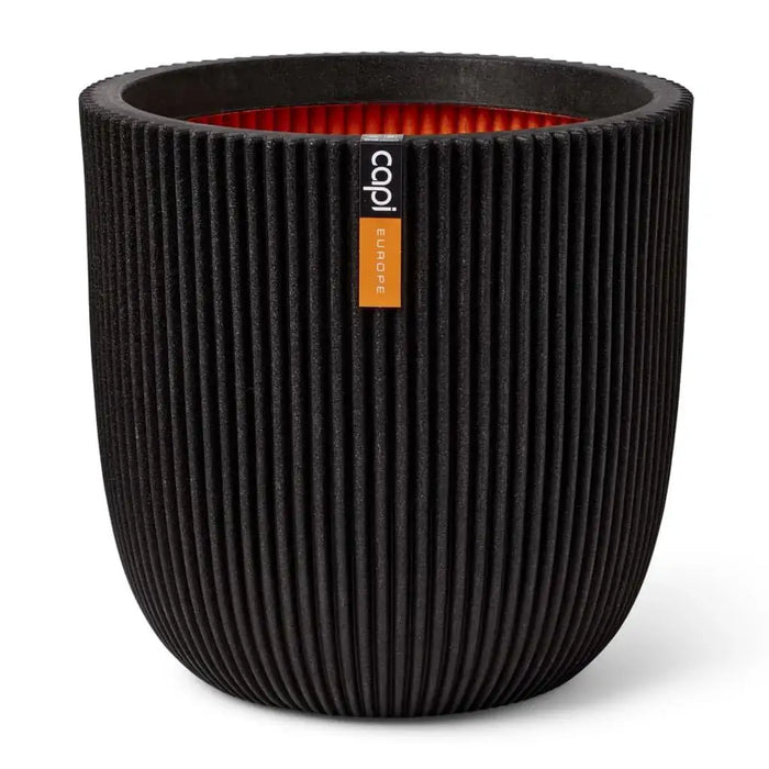 Black ribbed planter pot with capi Europe tag, double-walled recycled construction