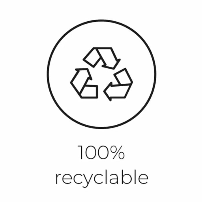 Black recycle symbol with text '100% recyclable' on white background